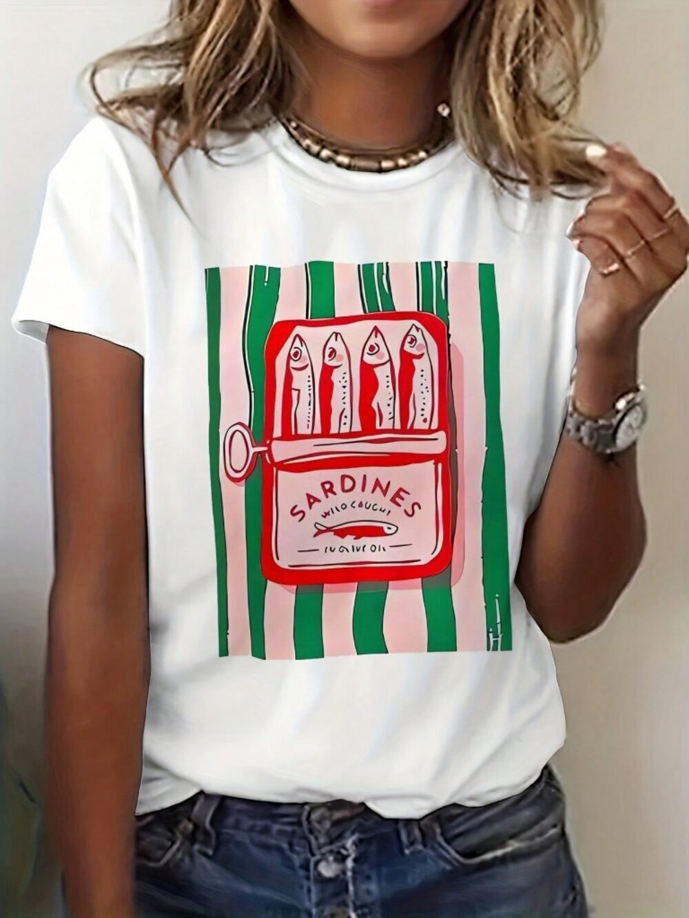 White Casual Oversized Women's Sardine Can Print Tee with Bold Stripes